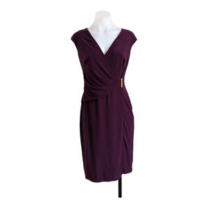 Lauren Ralph Lauren Size 4 Faux Wrap Shift Dress Maroon V Neck Gold Trim